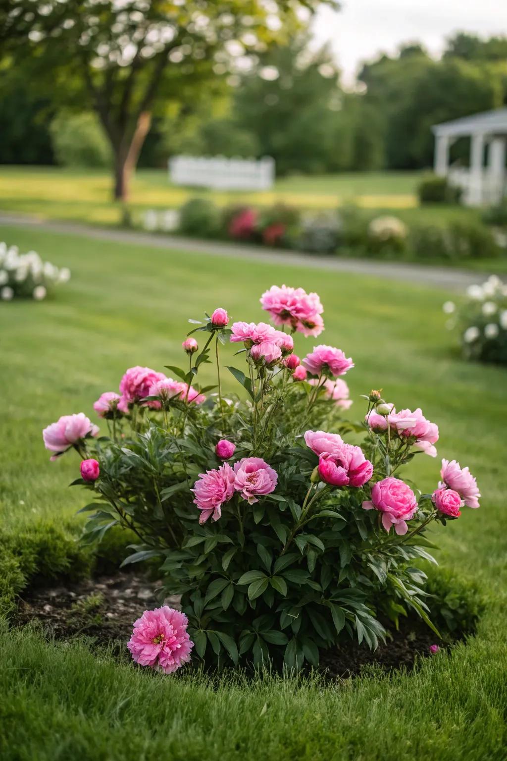 A stunning peony haven serving as a garden focal point.