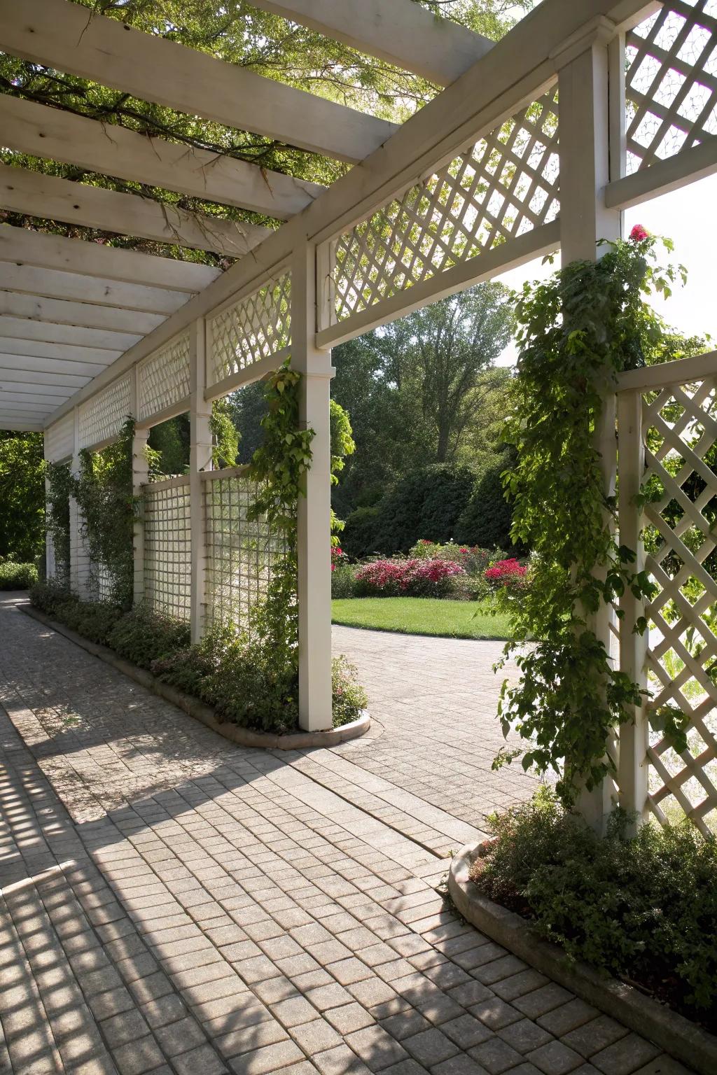 Lattice screens provide privacy while enhancing the pergola's design.