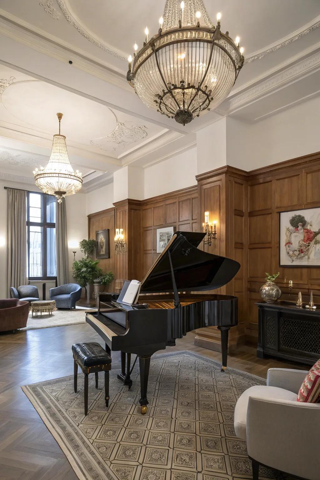 A blend of traditional and contemporary features creates a timeless piano room.
