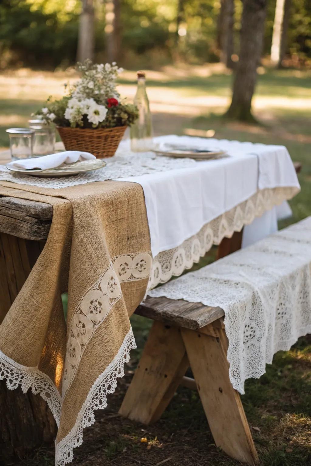 Varied layers of jute and openwork infuse the picnic presentation with richness and elegance.