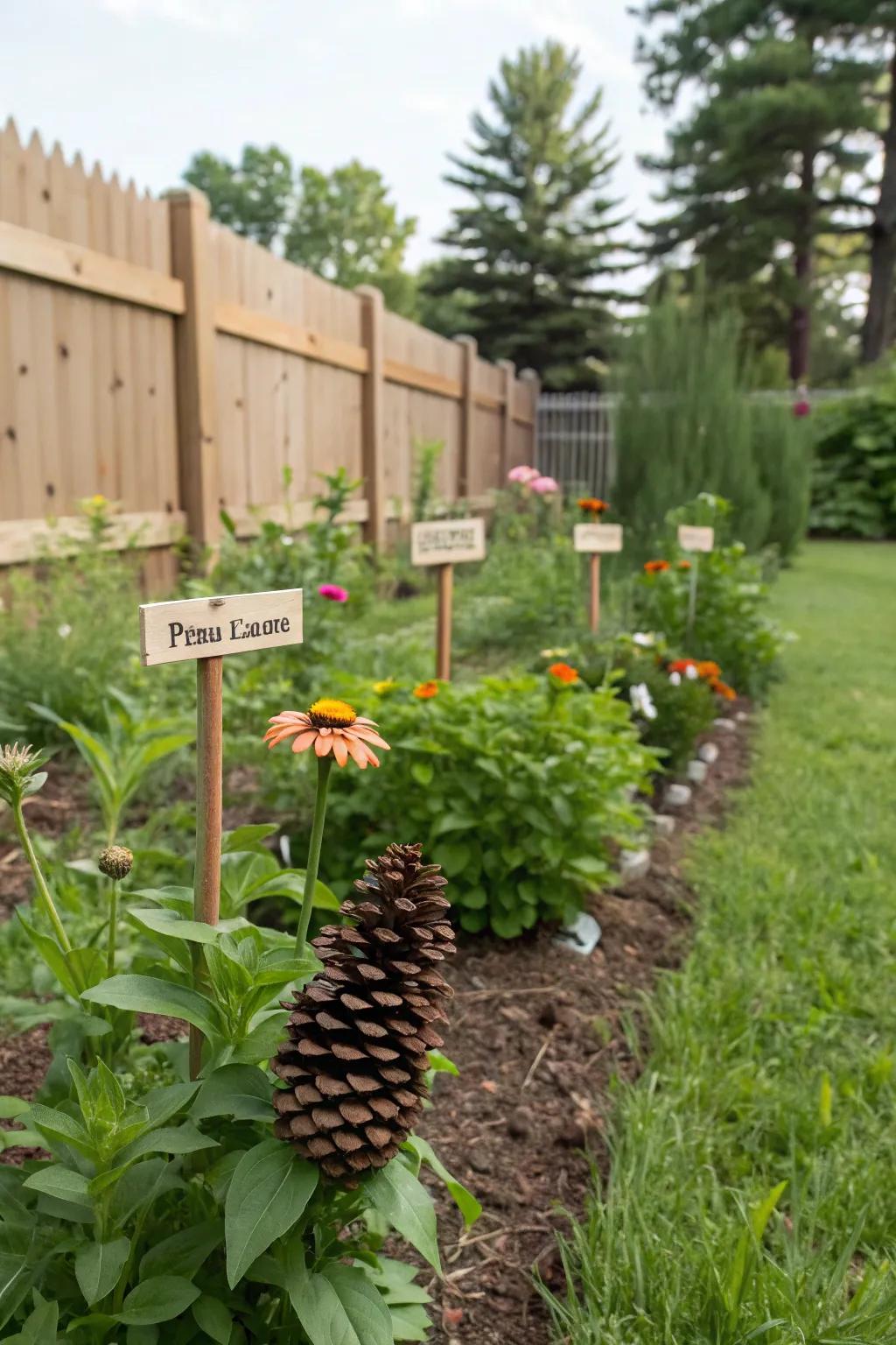 Pinecones transformed into functional and decorative plant labels.