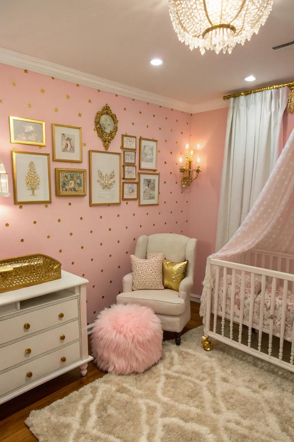 An elegant nursery featuring a pink wall enhanced with gold features.
