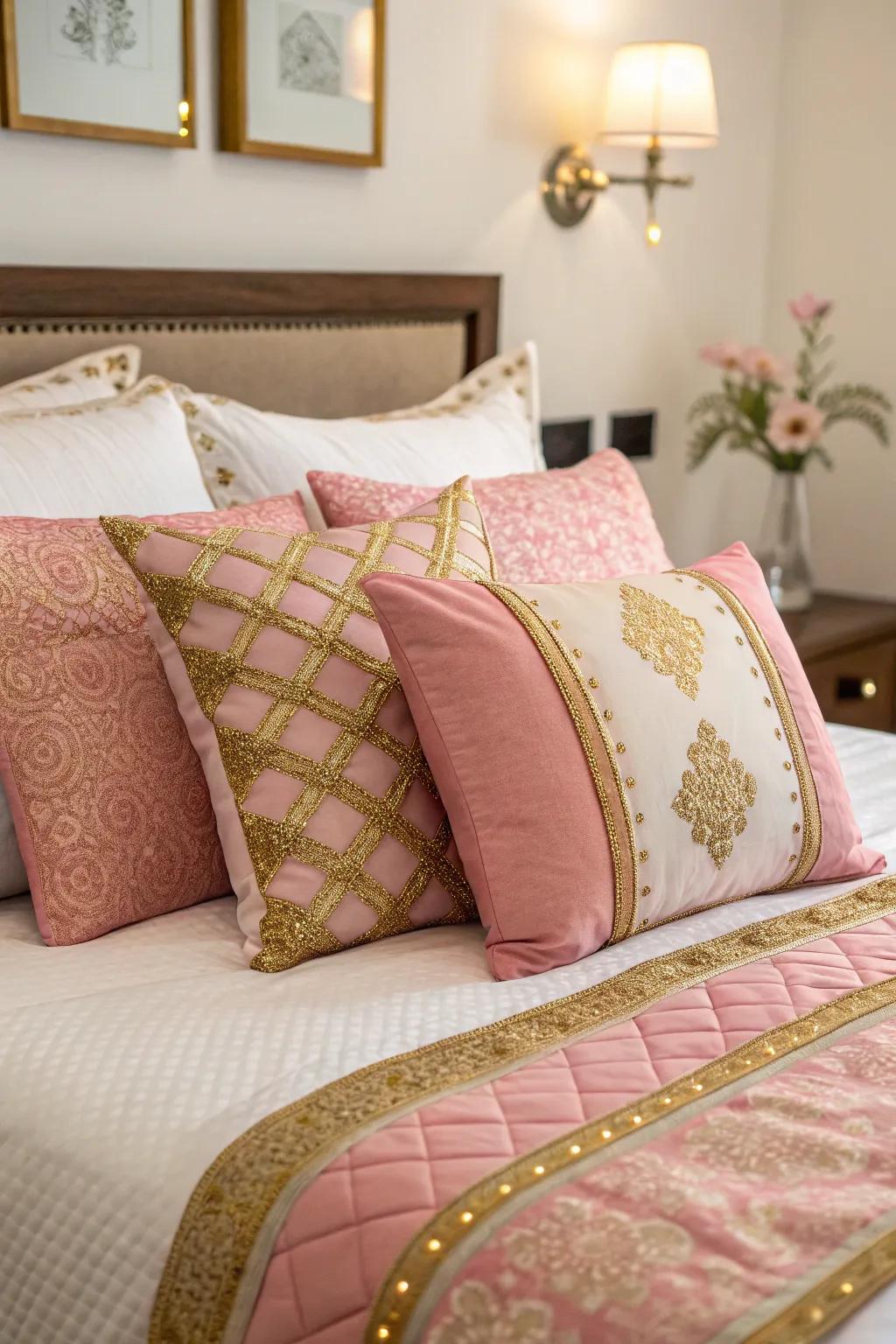 Decorative cushions with gold details add charm and comfort.