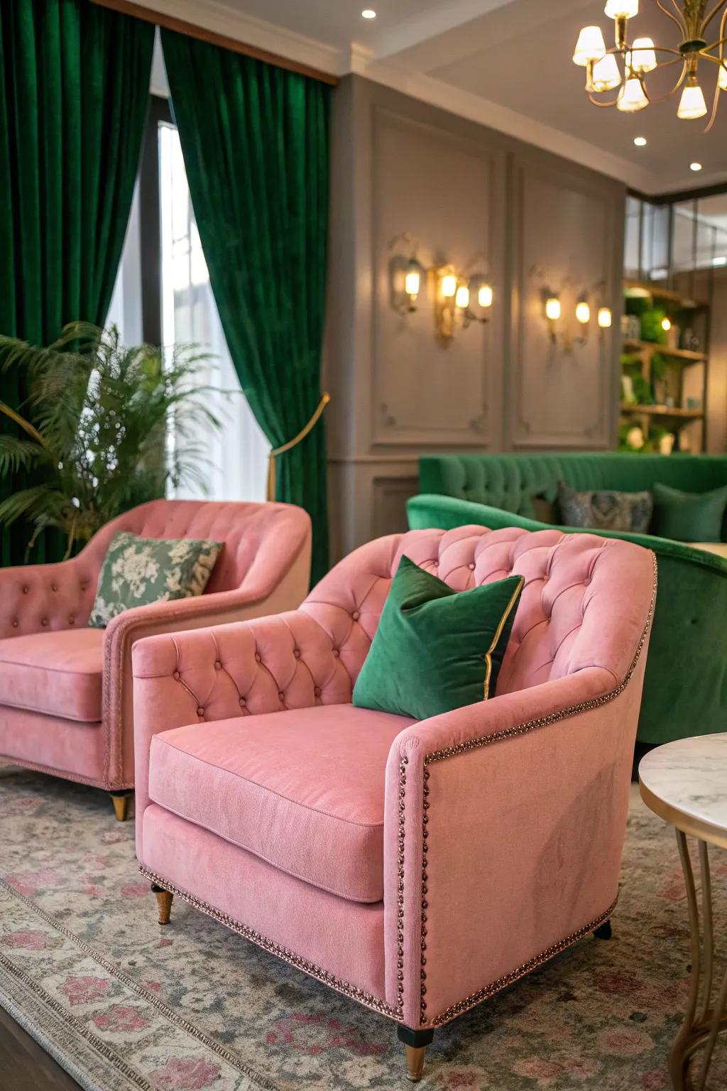 Velvet furnishings in rose and verdant add a luxurious touch.