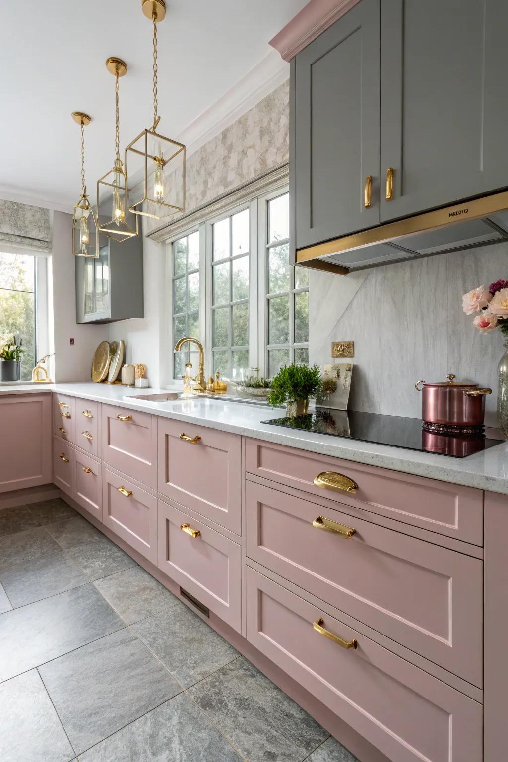 Metallic gold accents enhance the rose and grey theme.