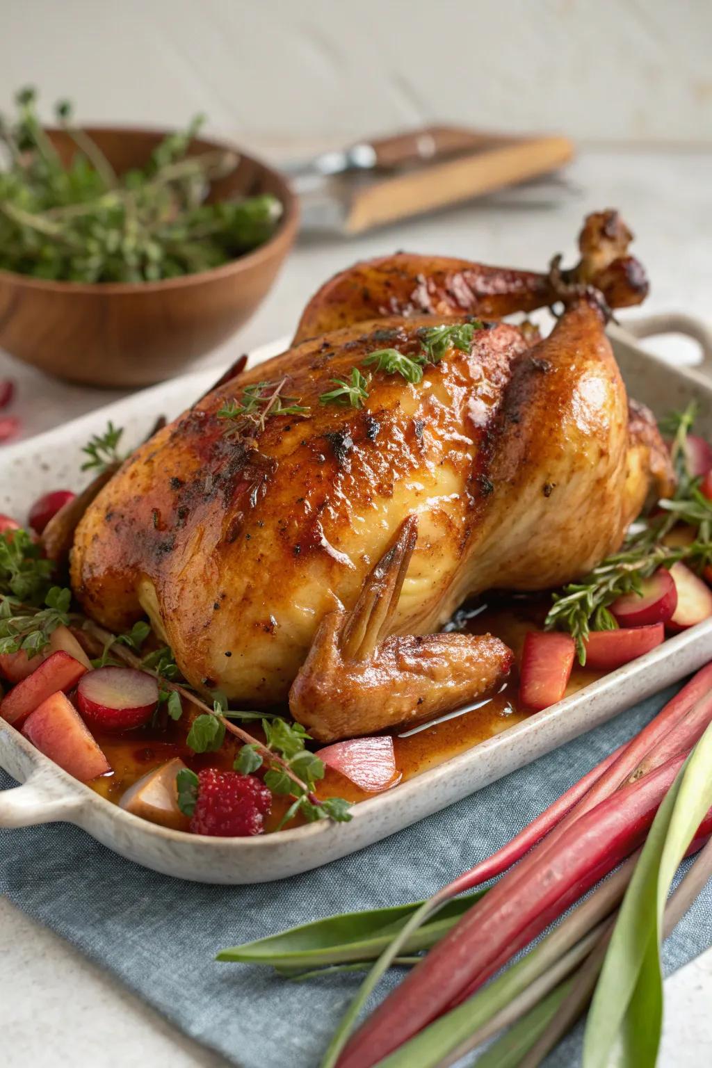 Rhubarb-coated fowl is a delightful mix of savory and sweet.