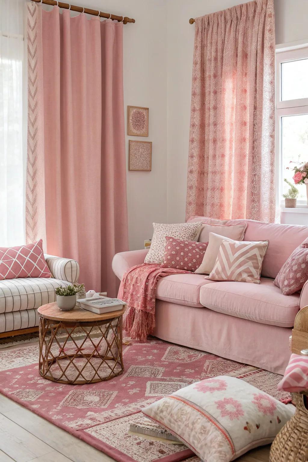 Layered rose materials inject coziness and profundity.