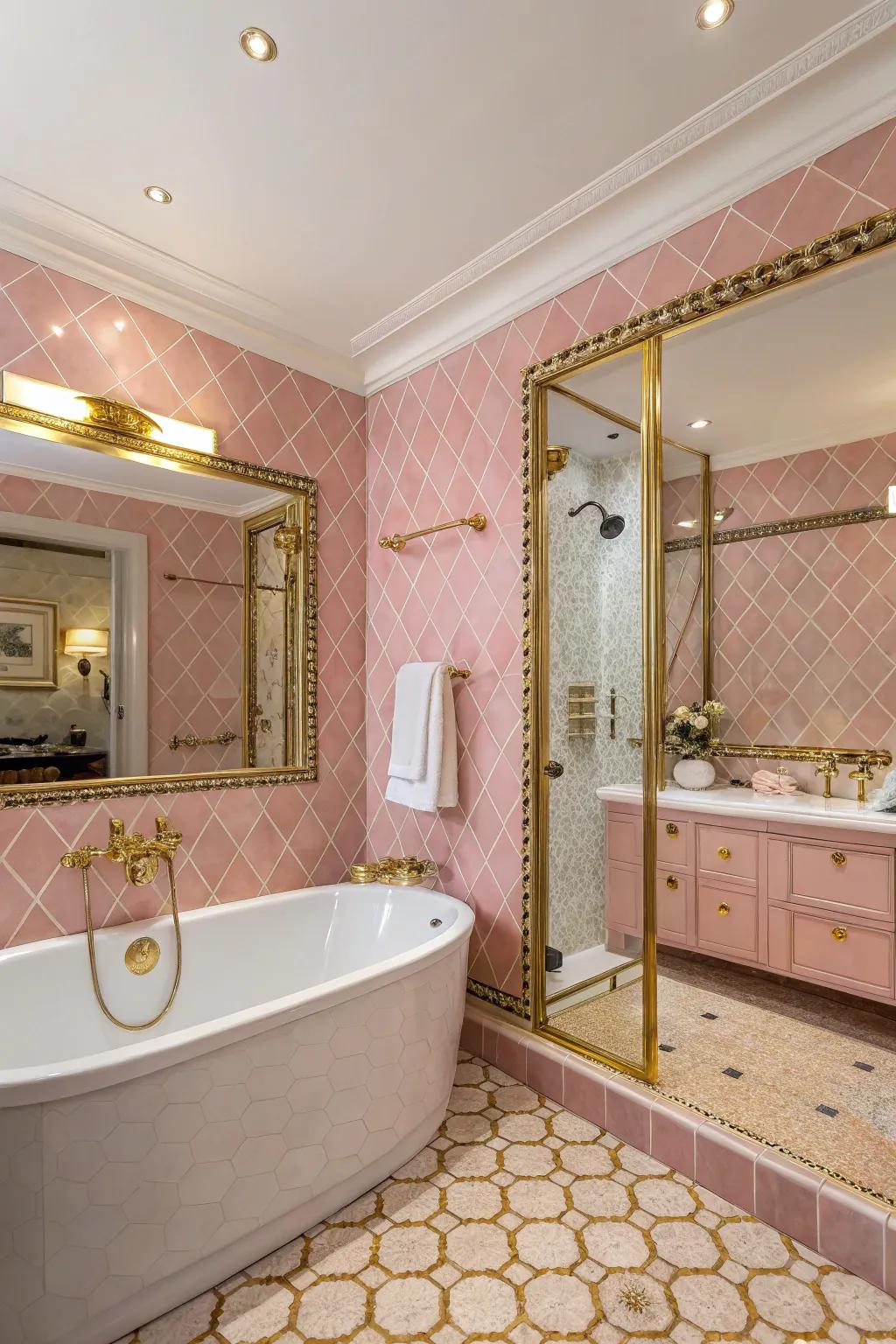 A luxurious bathroom featuring rose-tinted tiling and sophisticated gold accents.