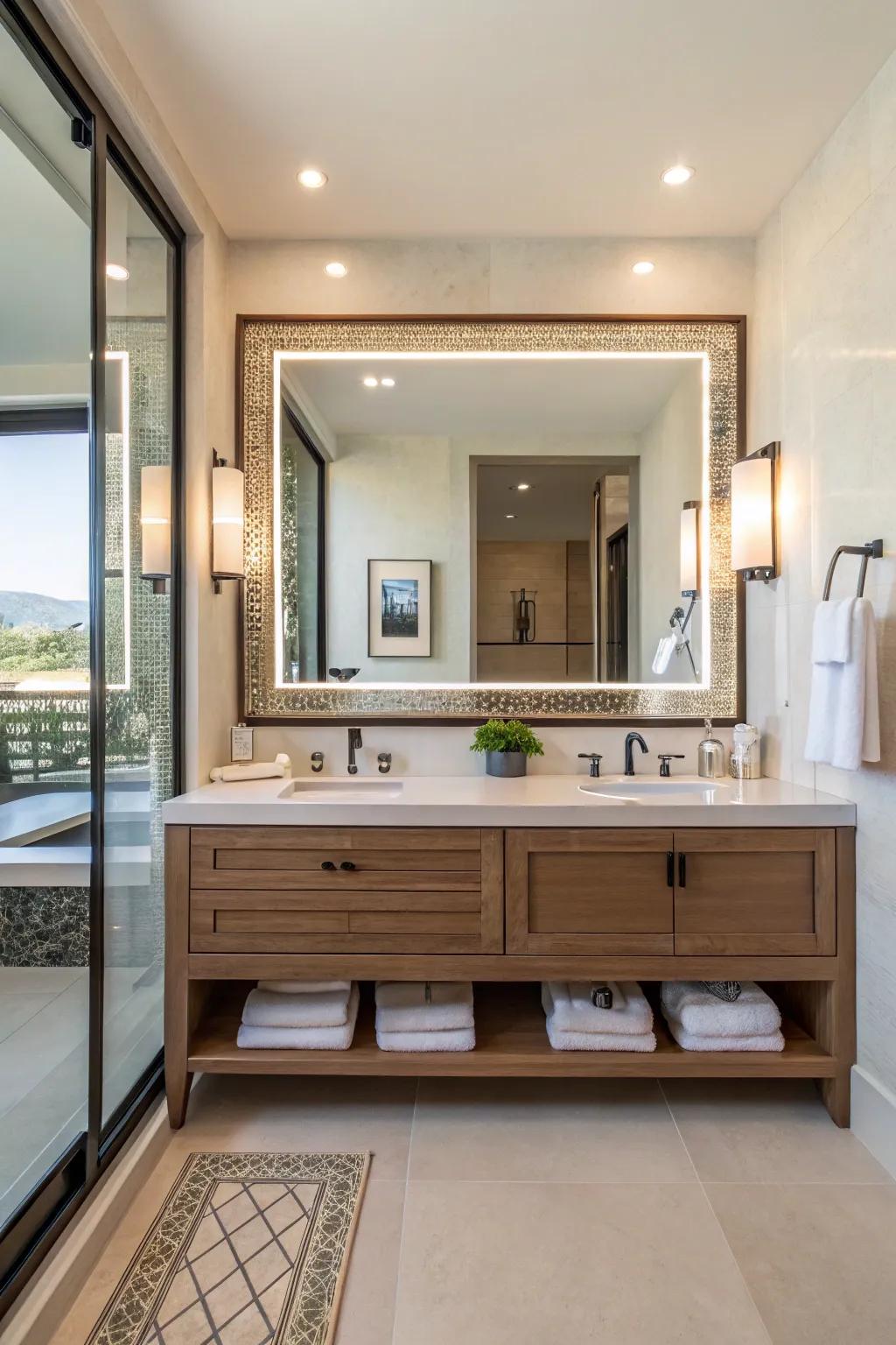 Oversized reflectors magnify space and light within bathrooms.