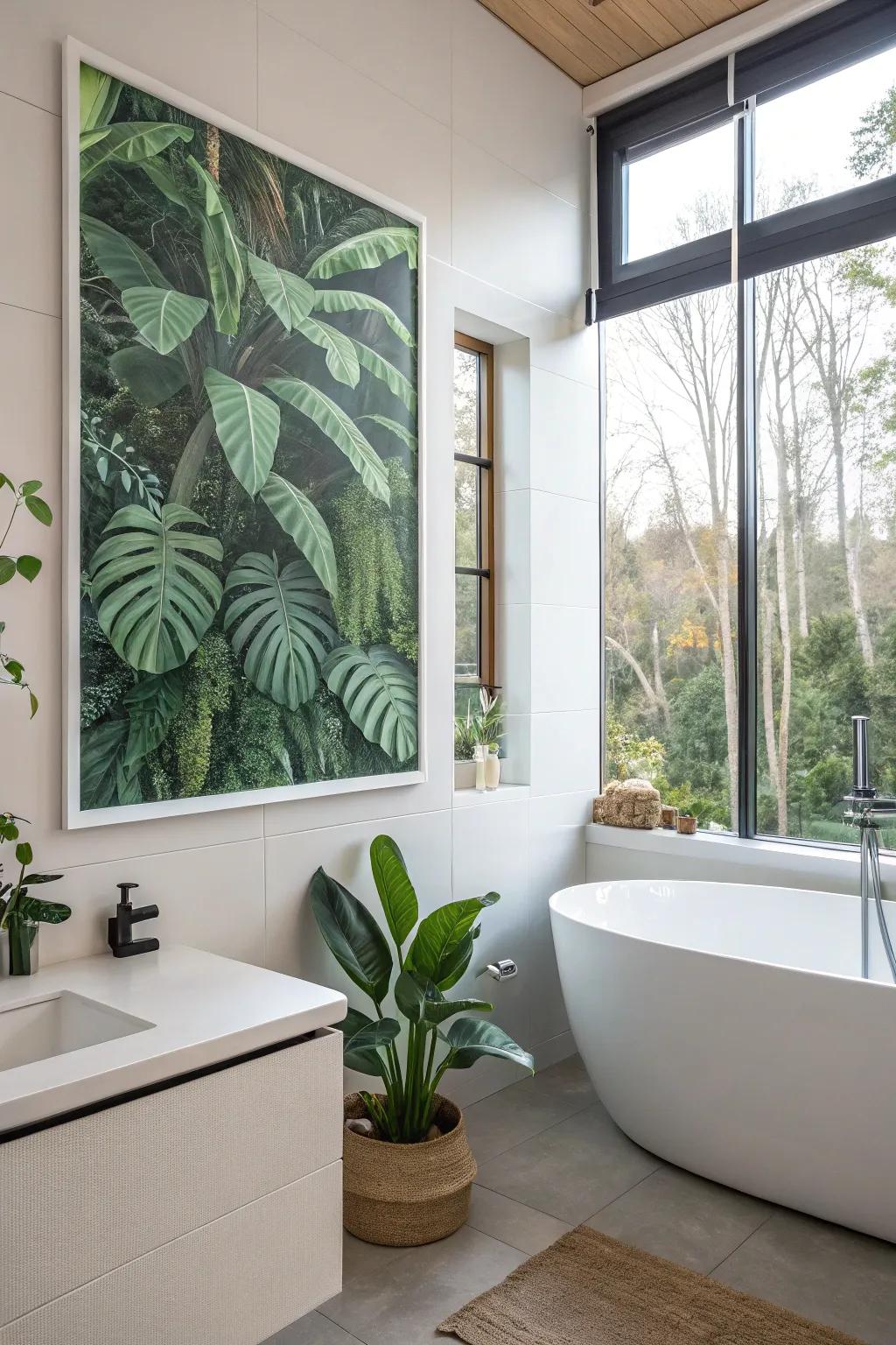 A botanical print introducing a fresh atmosphere to a bathroom using lush plant visuals.