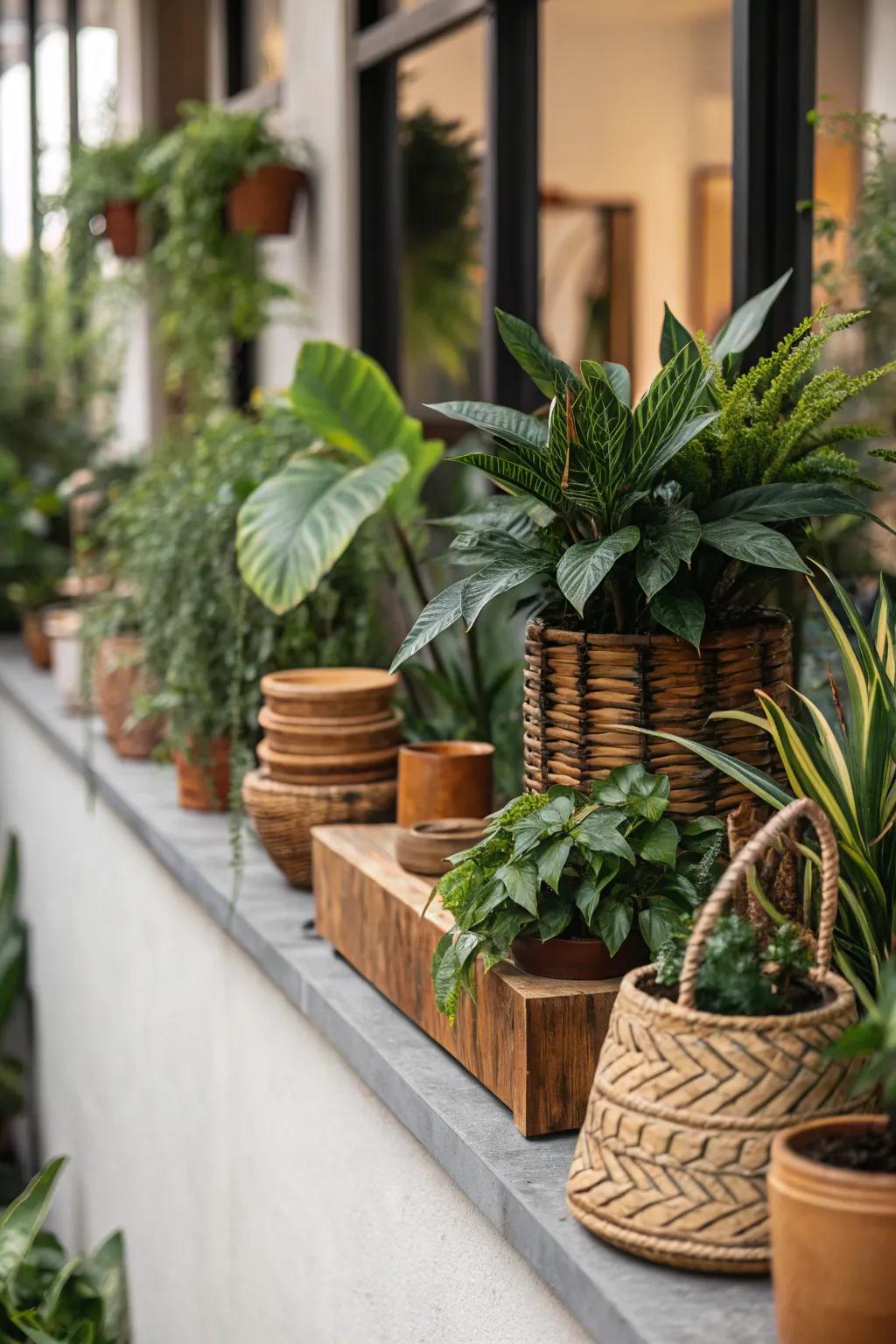 This plant ledge displays a relaxed and unified color scheme using earthy tones.