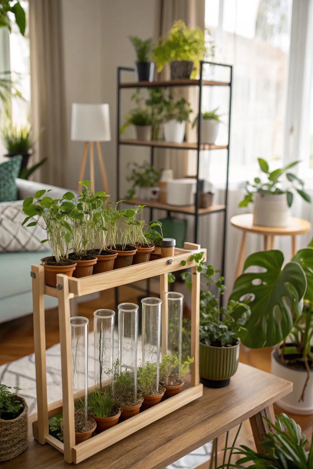 A propagation station shelf harmonizing scientific elements with a sense of style.