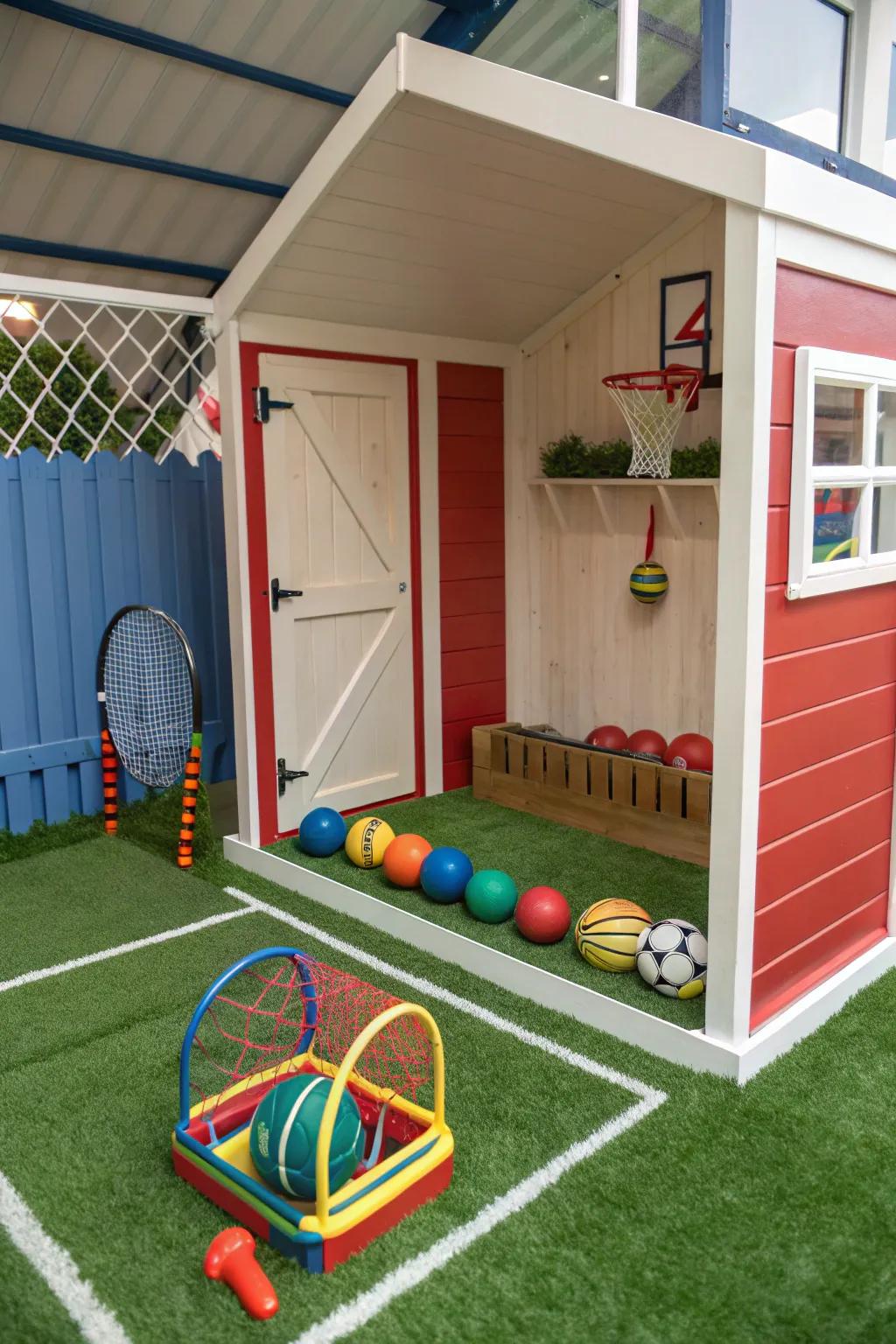 Synthetic lawn provides a sporty and resilient play surface.