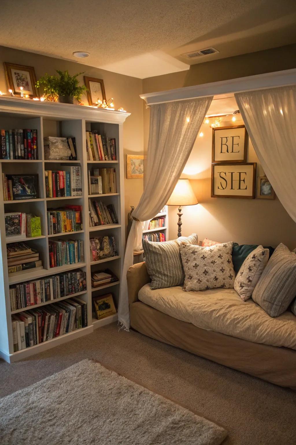 A serene playroom nook featuring a snug perusing sofa.