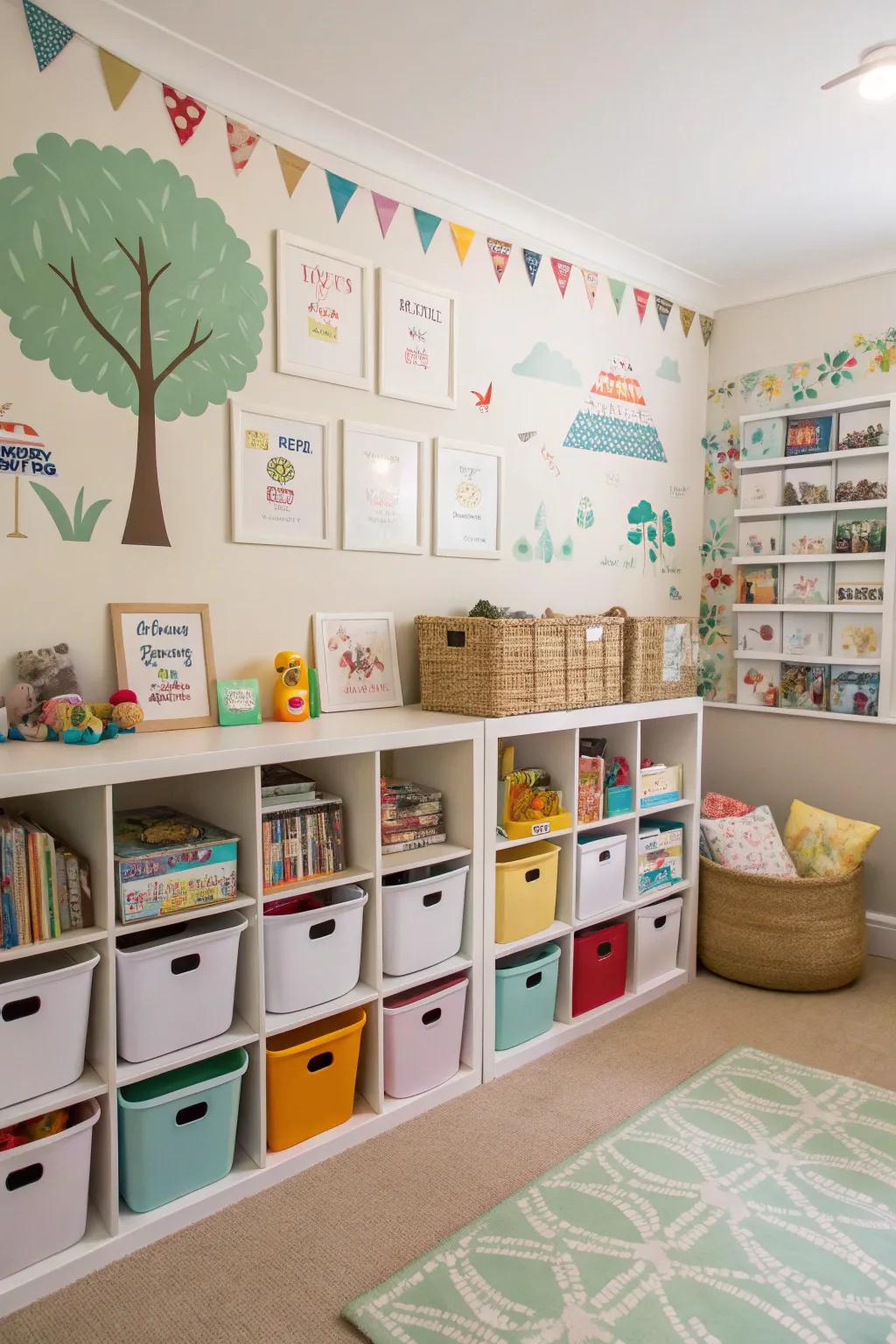 A playroom featuring themed storage solutions and fun decorative aspects.
