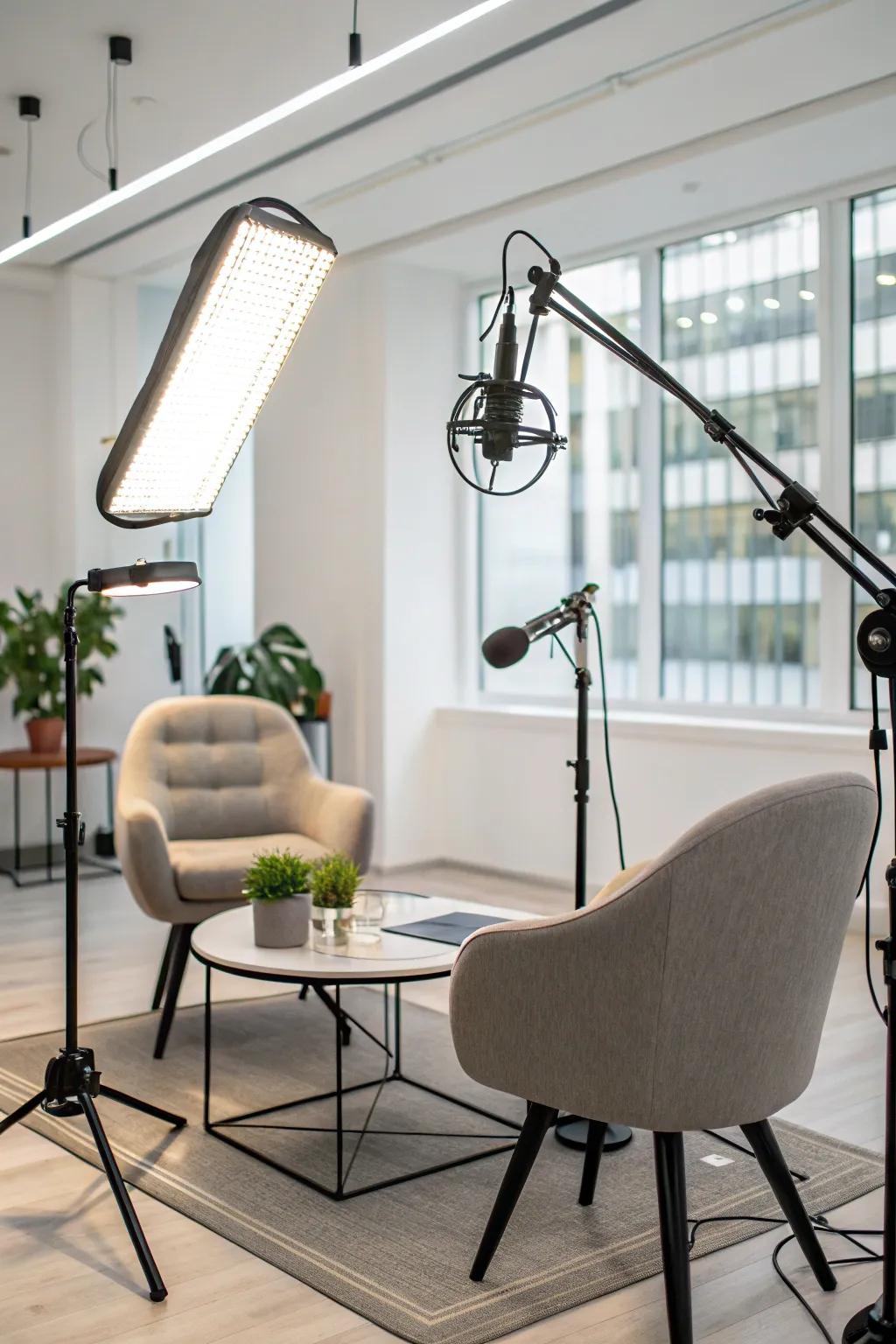 A podcast studio with changing illumination.