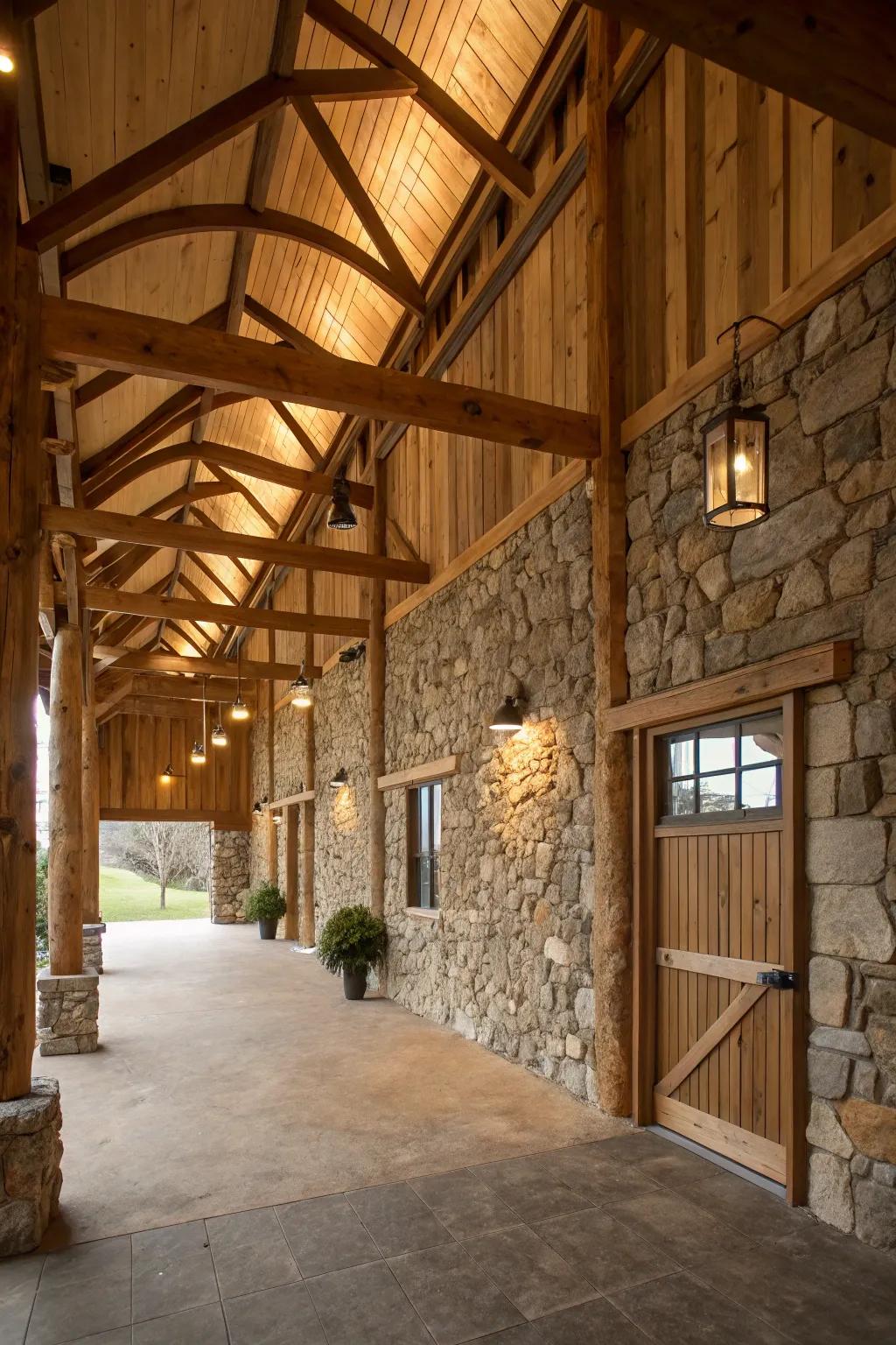 Organic components in a pole barn with stone walls and wooden beams.