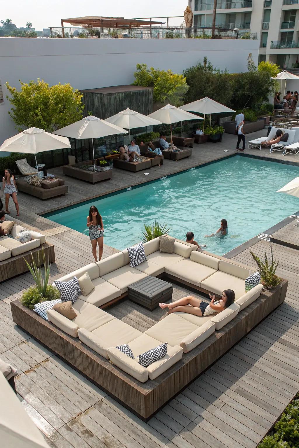 Versatile seating with modular furnishings on the pool deck.