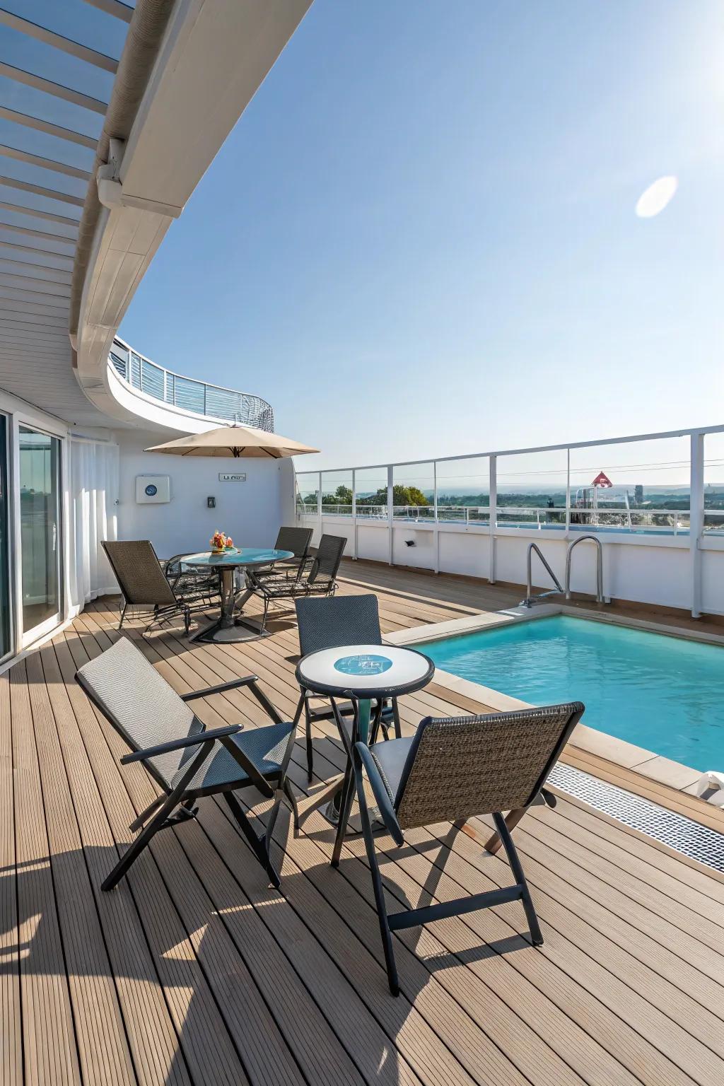 Maximize your area with compact pool deck designs.