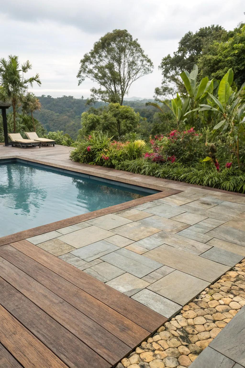 Instigate visual intrigue through a fusion of materials on your pool deck.