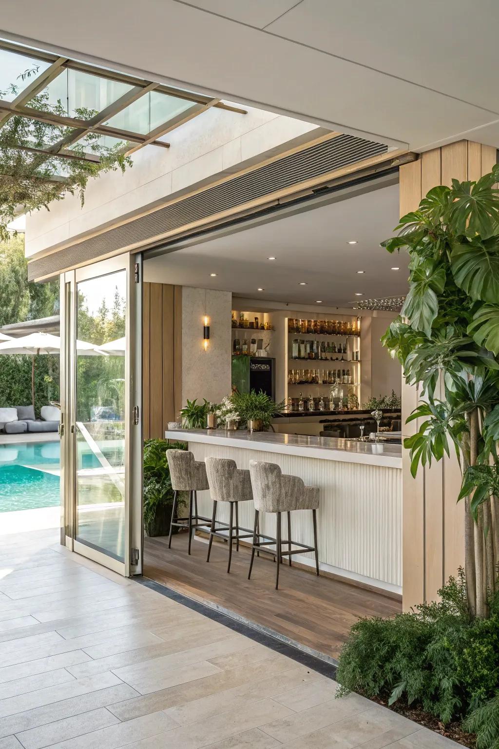 Folding doors construct a seamless flow between your bar and pool spaces.