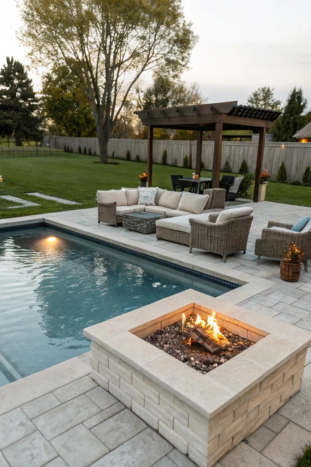 An inviting poolside fire pit ideal for gatherings.