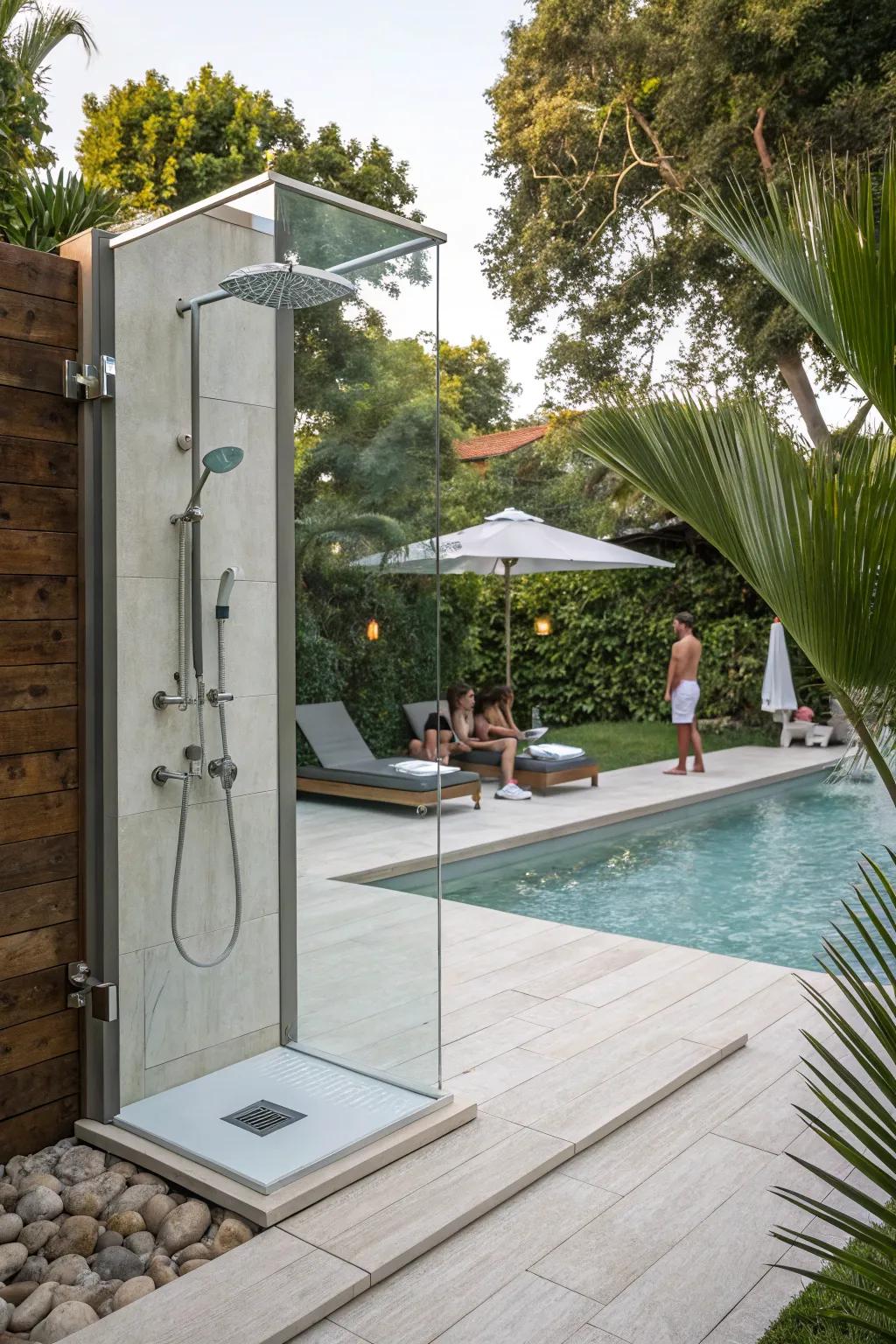 An exterior ablution station provides a revitalizing and practical poolside amenity.
