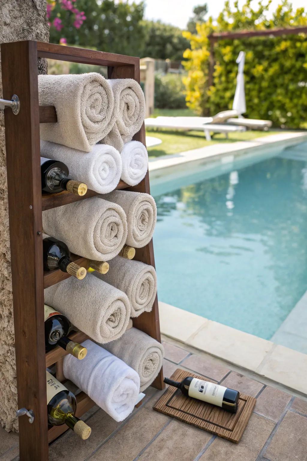 A wine rack creatively repurposed into a towel holder.