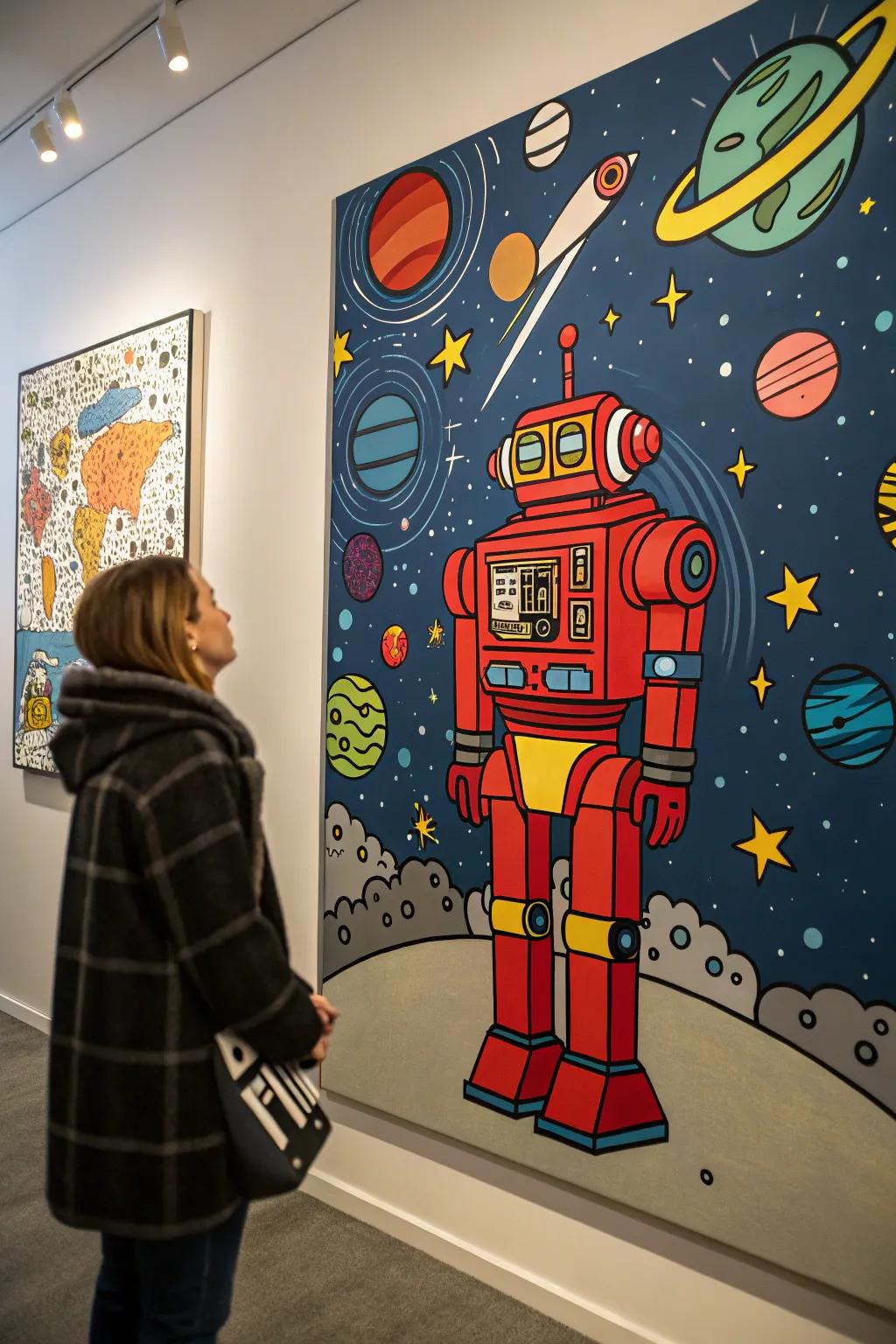 An avant-garde pop art painting featuring a robot set against a cosmic backdrop.