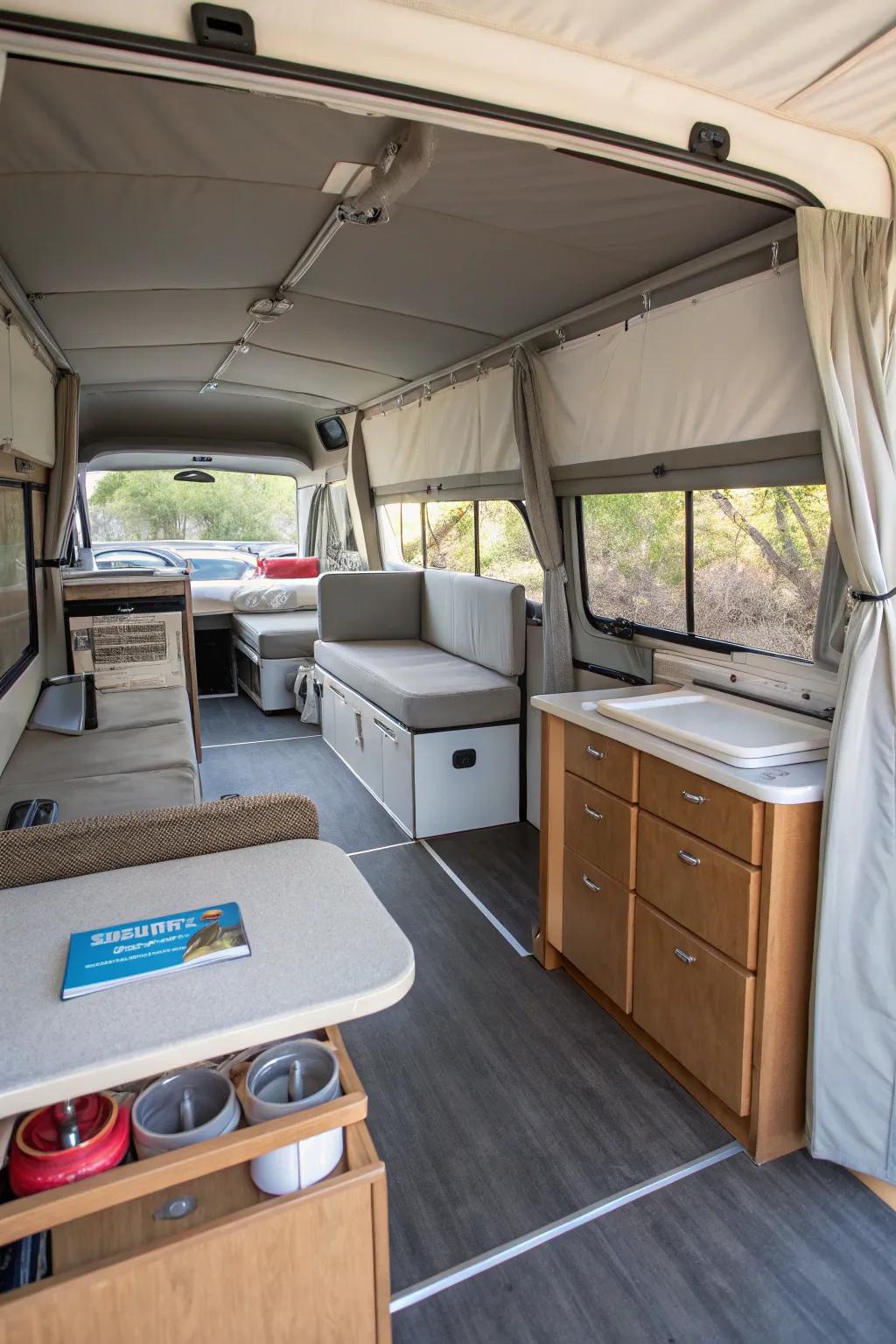 Enhance comfort and utility in your camper by creating a tidy layout.