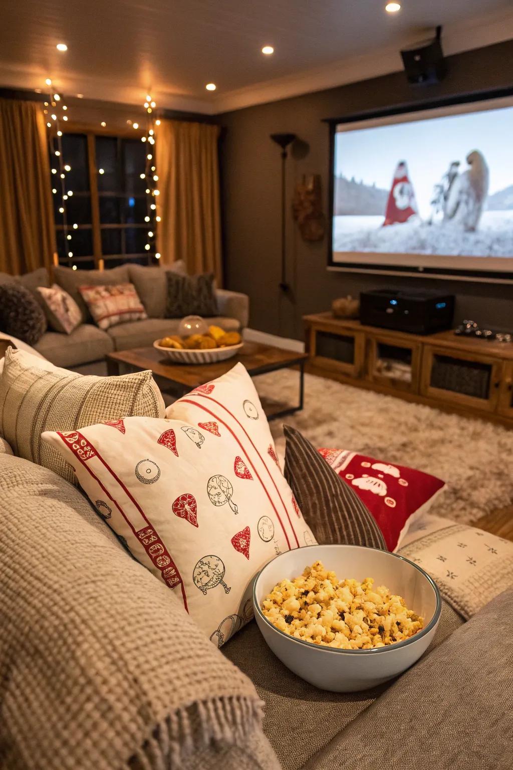 Cultivate a snug and festive atmosphere for film evening using maize-themed ornamentation.