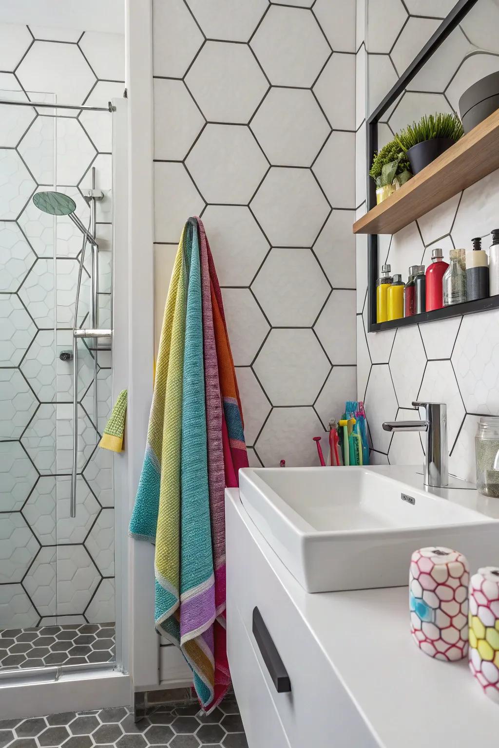 Hexagon tiles introduce a modern playful twist to this contemporary bathroom design.