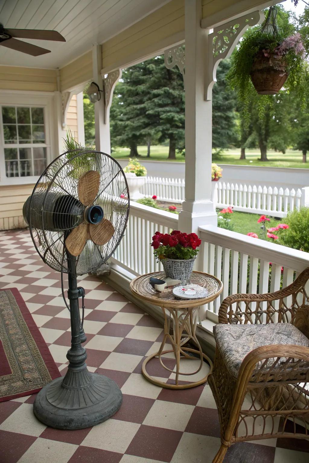 An antique fan introduces vintage charm to this classic porch setup.