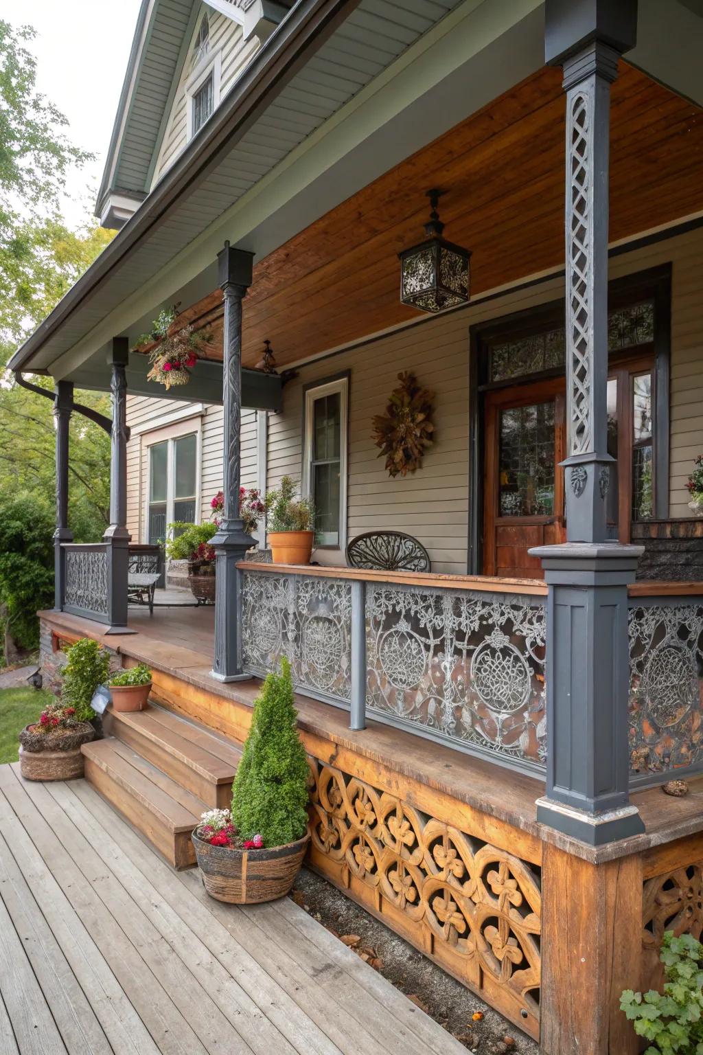 A singular porch showcasing a knee wall of fused mediums.