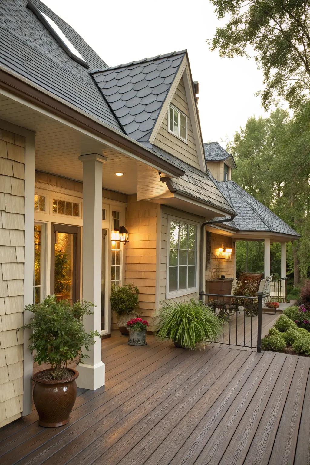 Textured interest featuring varied roofing.