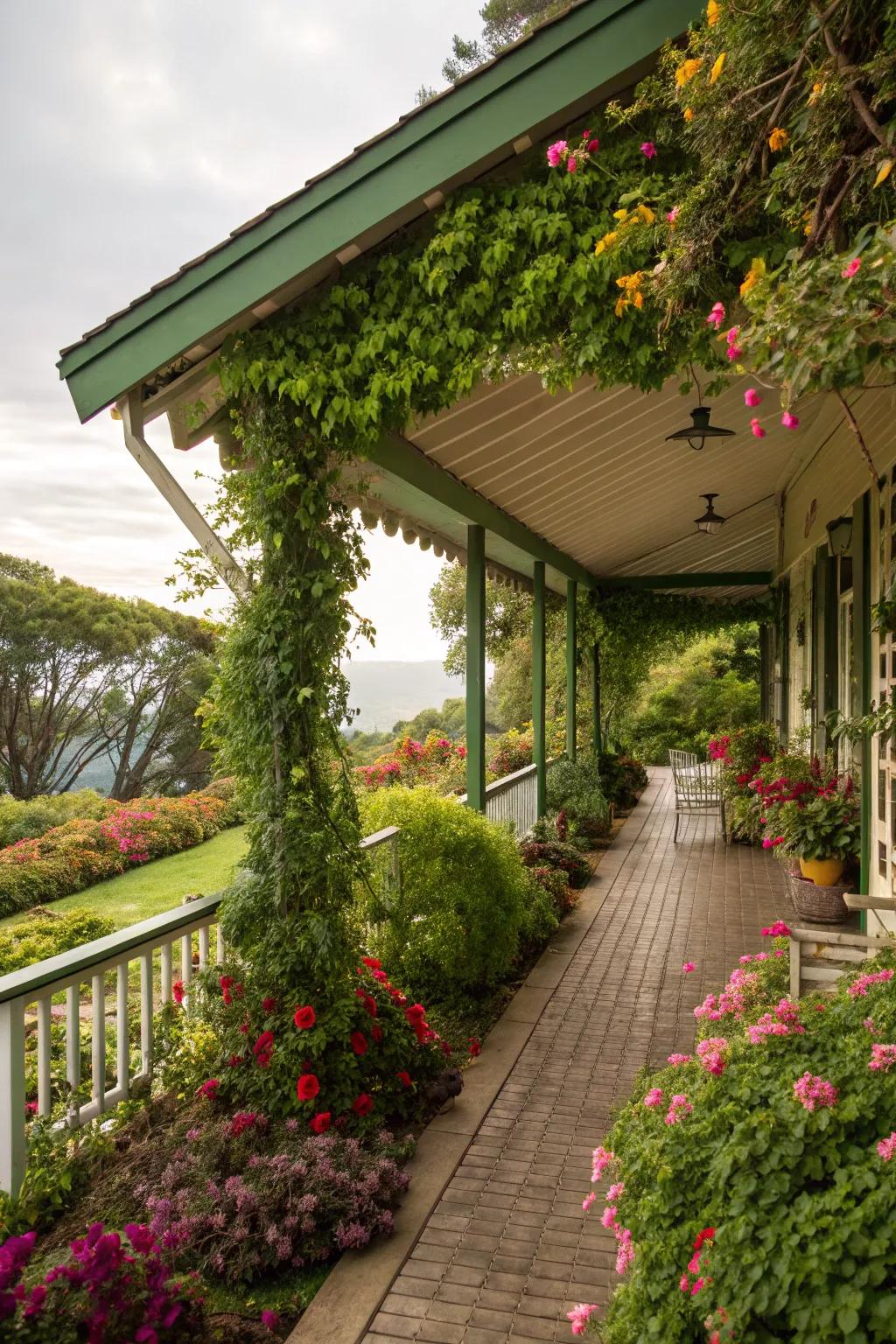A green porch roof combines design and nature.