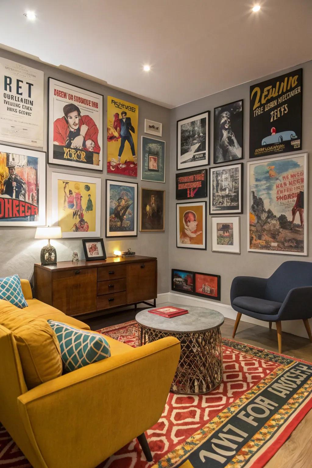 A living room displaying a diverse and eclectic array of posters.