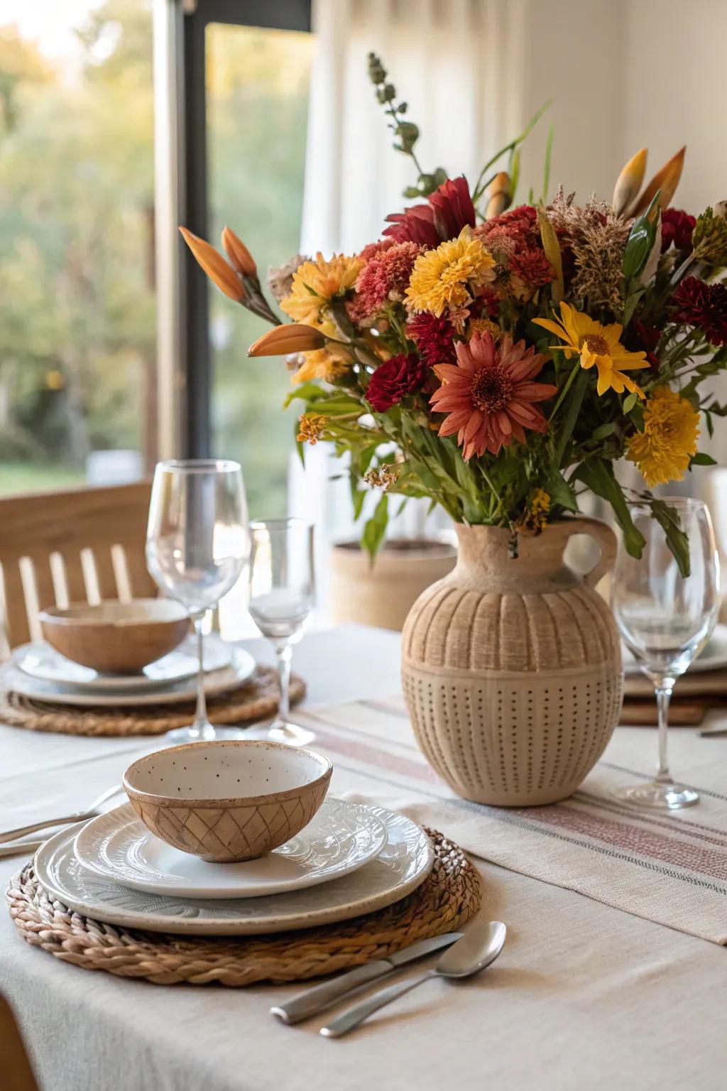 Pottery focal arrangement featuring seasonal blossoms on a dining surface.