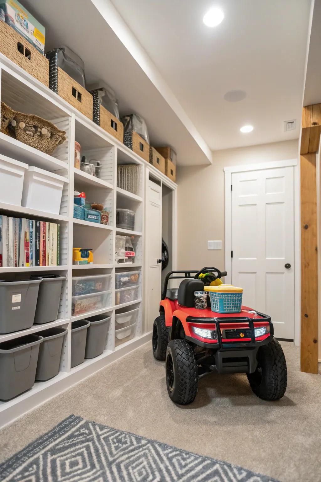 Basement nooks offer ideal storage spots for motorized toy vehicles.