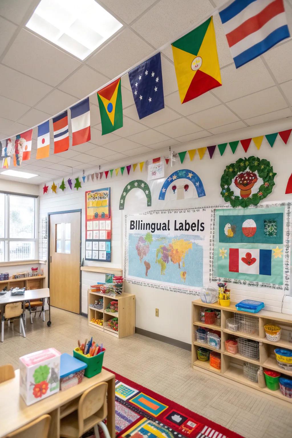Culturally diverse decor with bilingual labels.