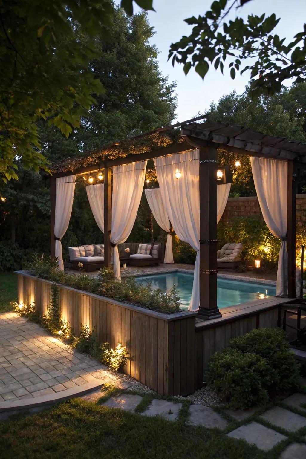 Design a cozy retreat with a pergola adorned with drapery.