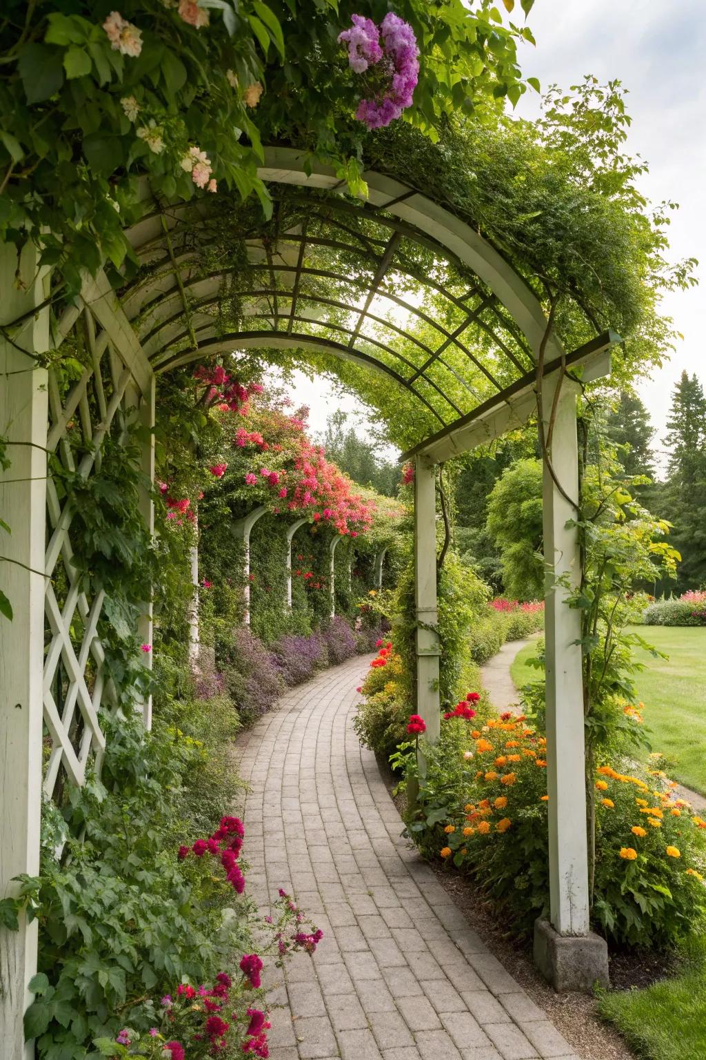 Trellises with trailing vegetation merge nature and privacy flawlessly.