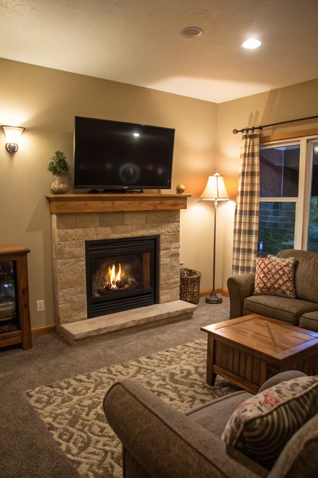 A living space featuring a propane fireplace with a television setup.