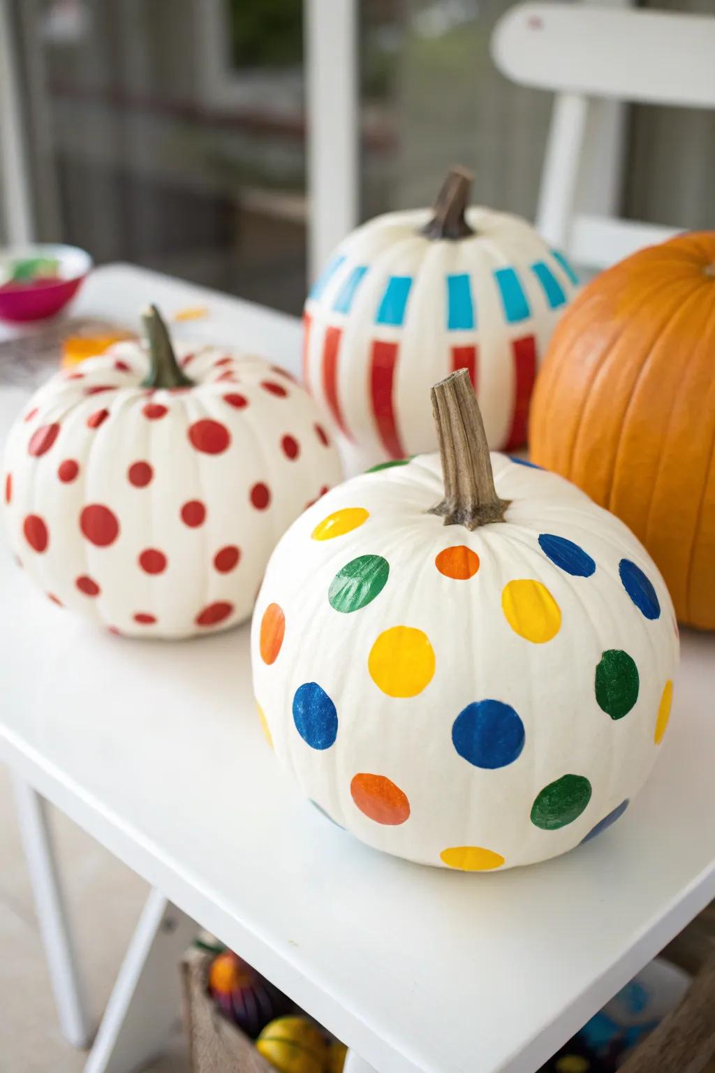 Polka spot pumpkins manifesting a playful motif.