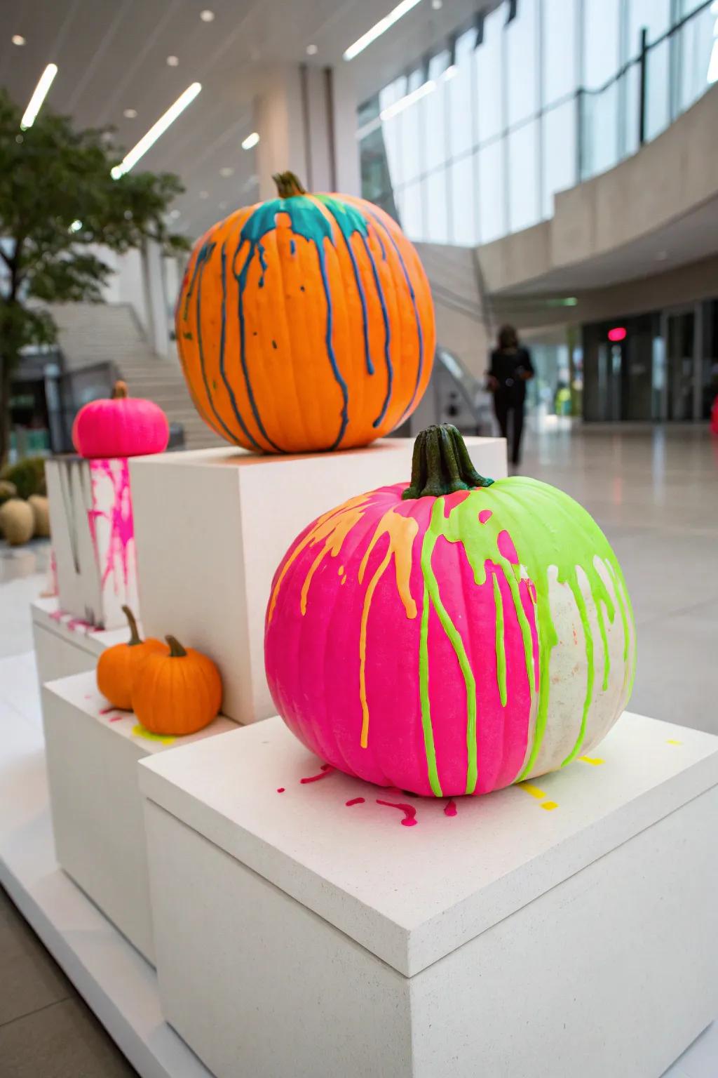 Neon flow pumpkins impart a bold, contemporary element to fall embellishments.