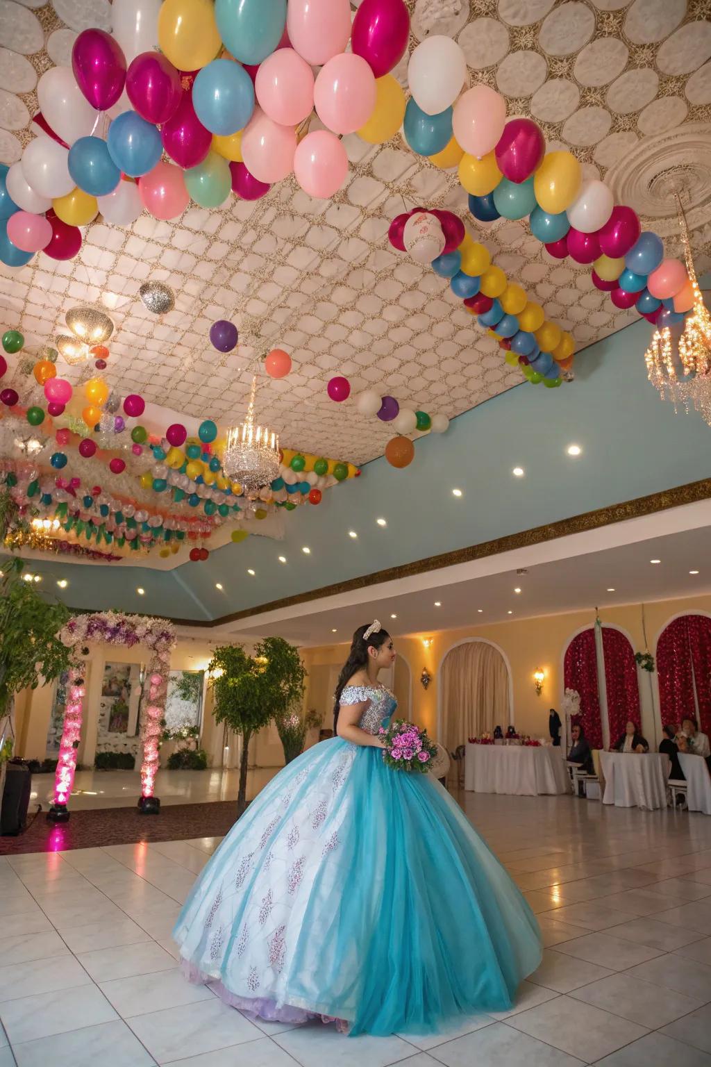 An expansive balloon ceiling transforms the space.