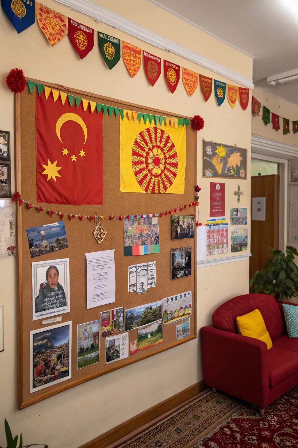 A pin board celebrating cultural diversity using bright symbols.