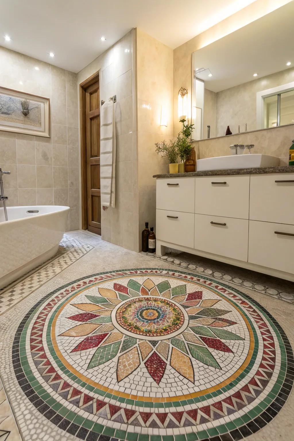 A restroom enhanced by a radial mosaic tile design.