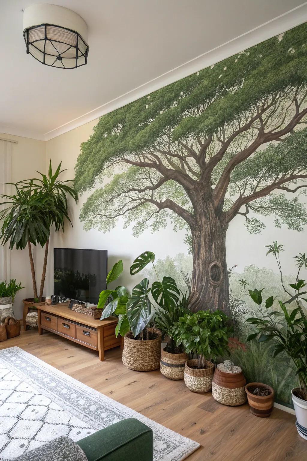 Establish a captivating focal element through an arborescent mural.