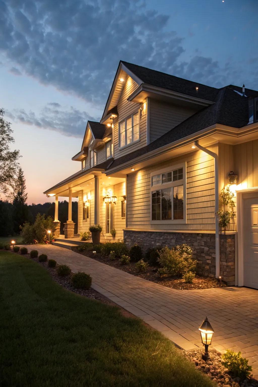 Striking illumination features brightening the exterior of a raised ranch at night.